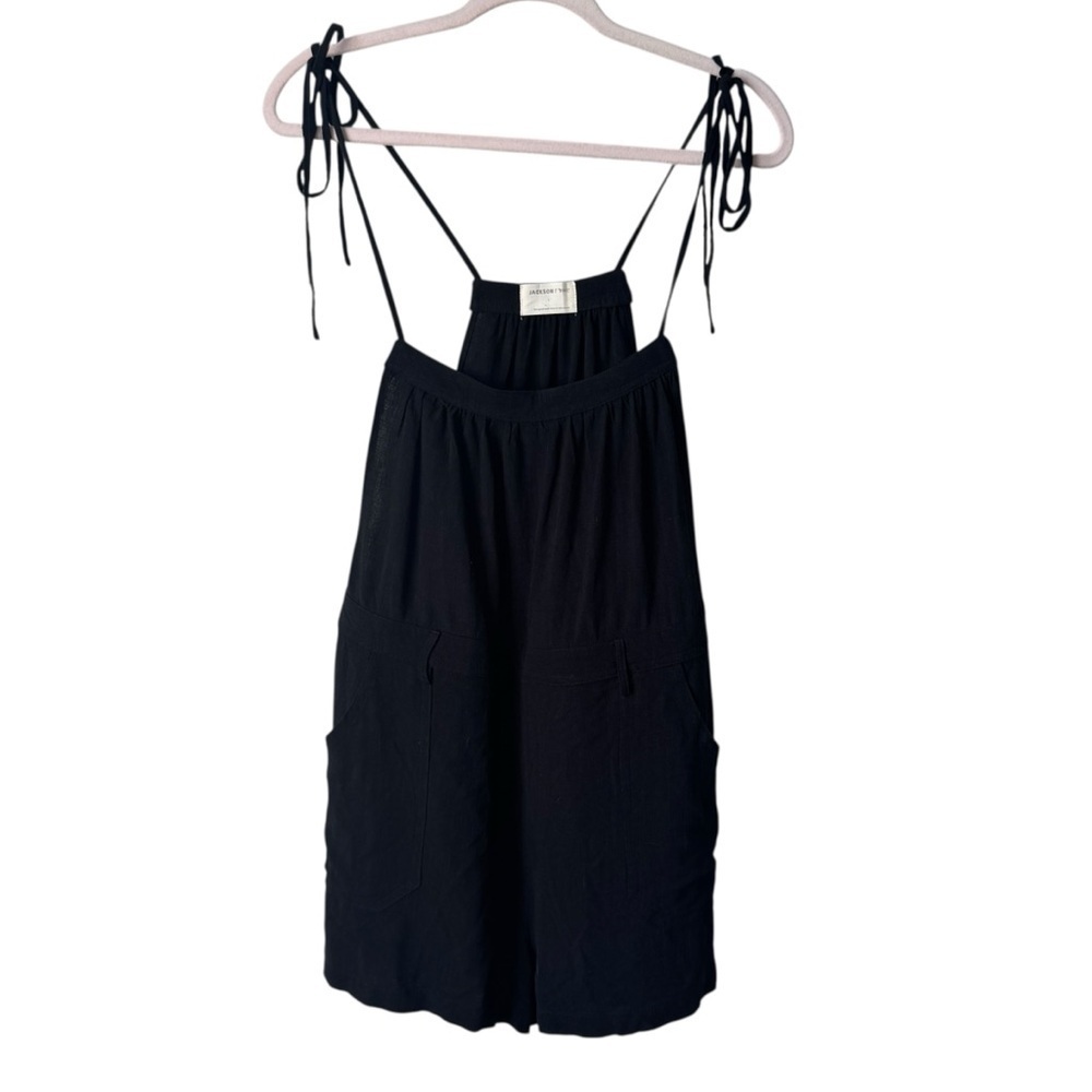 Jackson Rowe Tulum Black Linen Short Overalls Romper Tie Strap Women's Large - Picture 2 of 10
